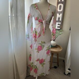 Elan Sheer Two Piece Floral swimsuit coverup with Pink and Green Accents